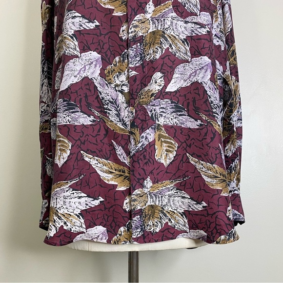 100% SILK FALL LEAVES SOFT BUTTON UP LONG SLEEVE BLOUSE SIZE LARGE UNISEX - Picture 8 of 14